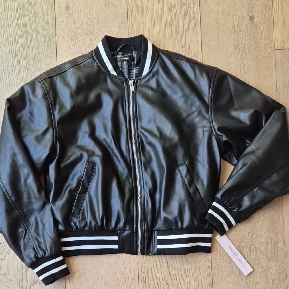 Aqua Black Faux Leather Bomber Jacket with White Stripe Trim